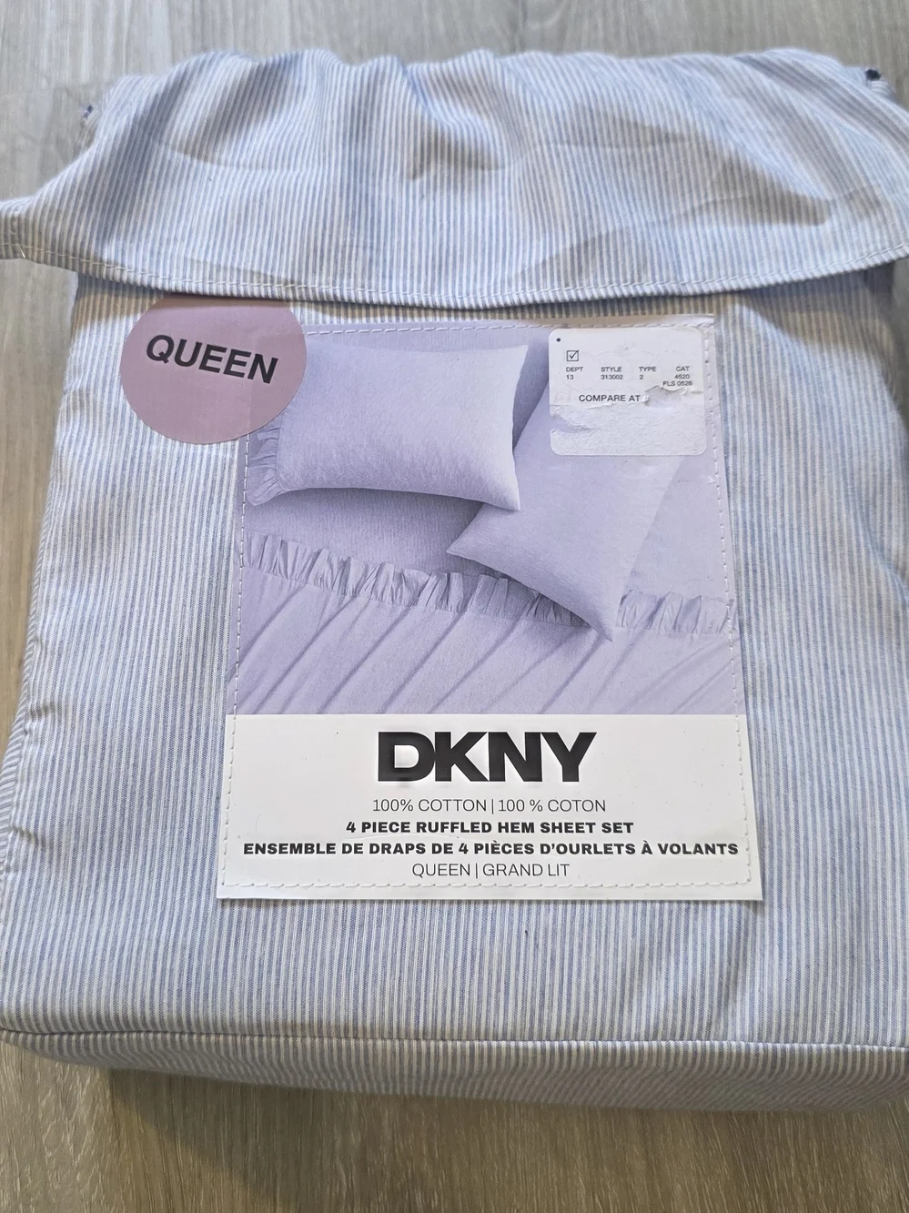 DKNY Queen Sheet Set Blue Stripes 4 Piece Ruffled Hem Cottagecore